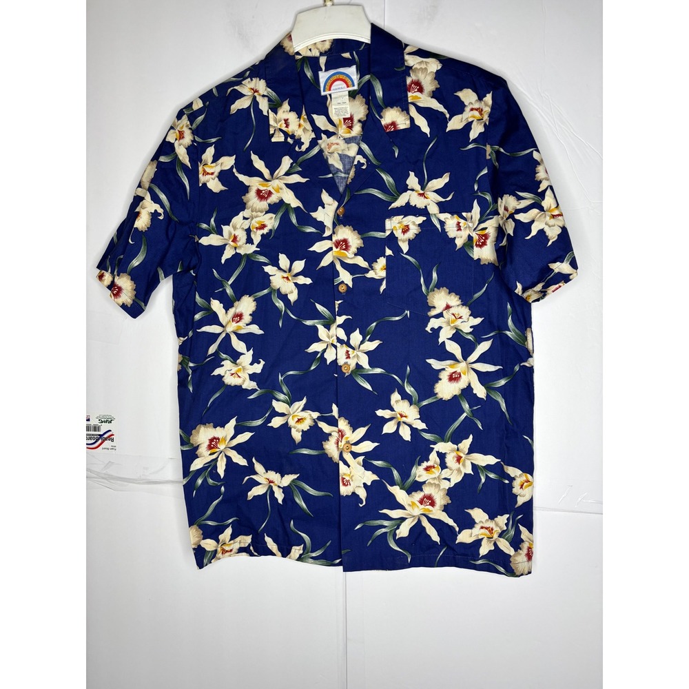 Paradise Found Hawaii Mens Navy Blue Orchid Floral Aloha Shirt Short Sleeve L